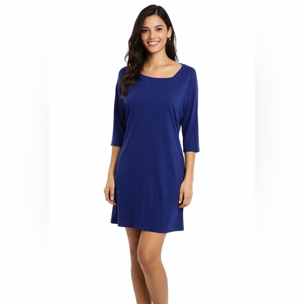 Eileen Fisher Dress P Petite Royal Blue Stretch 3/4 Long Sleeve Scoop Neck Relax